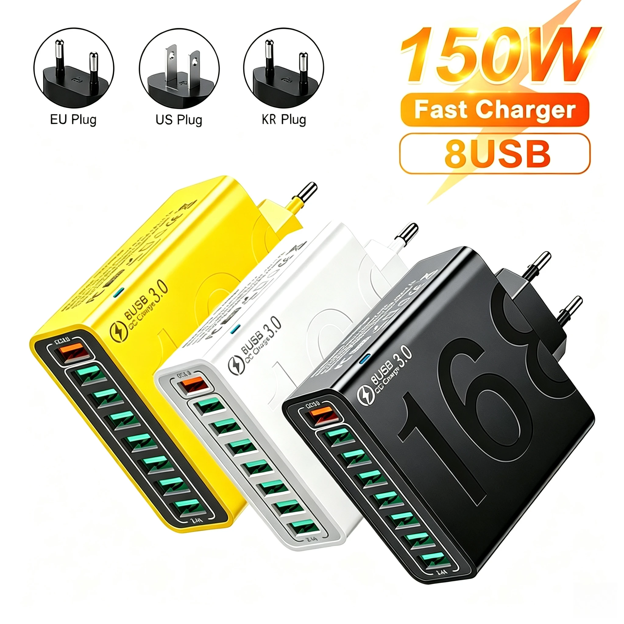 150W 8 Ports USB Fast Charging Phone Charger USB High Speed Charging Power Adapter QC3.0 For iPhone Xiaomi Huawei Wall Charger
