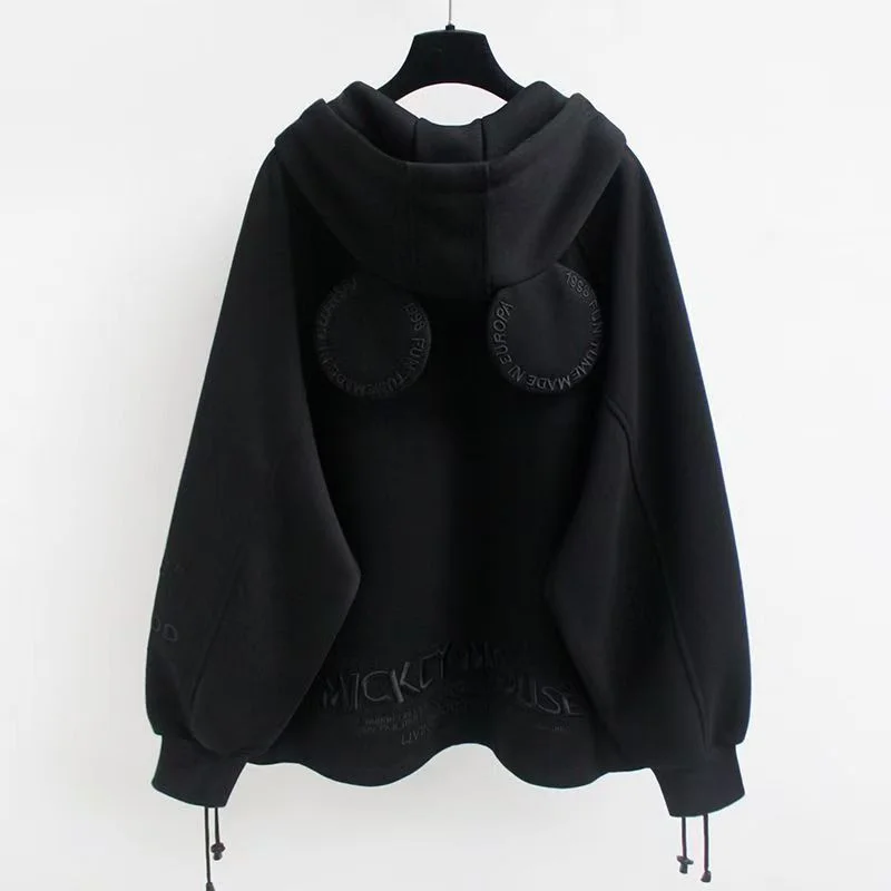 Plus Velvet Padded Sweater Hooded Coat 2026 Female Joker Winter New Mickey Heavy Lndustries Embroidered Letters Zipper Coat Tide
