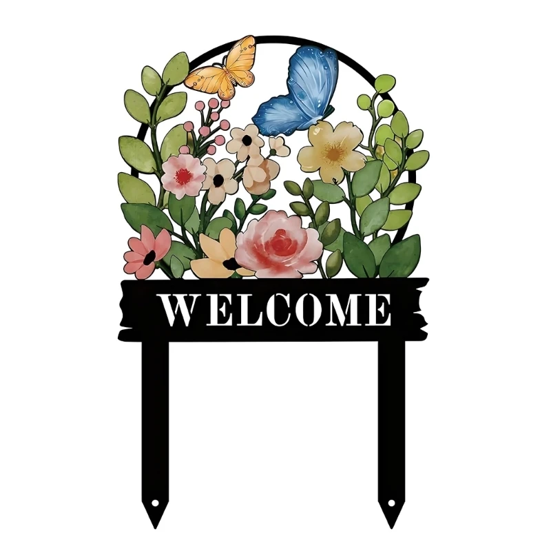 Welcome Garden Soil Stake in Iron, Twin-Pointed Insert for Yard and Lawn Placement, Metal Welcome Sign for Flower Bed D2RD