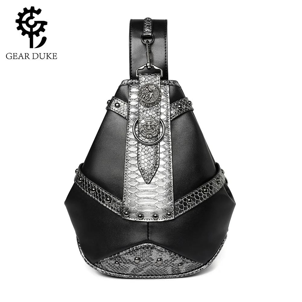 Steam Punk Rock Motorcycle Knight Chest Bag Unisex Metal Rivet Snake Skin Splicing Crossbody Bag Leisure Horizontal Square Shape