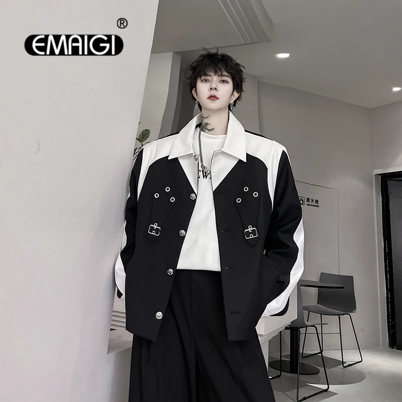 

Men Black White Splice Shoulder Padded Korean Streetwear Fashion Loose Causal Jacket Cityboy Coat Spring Autumn