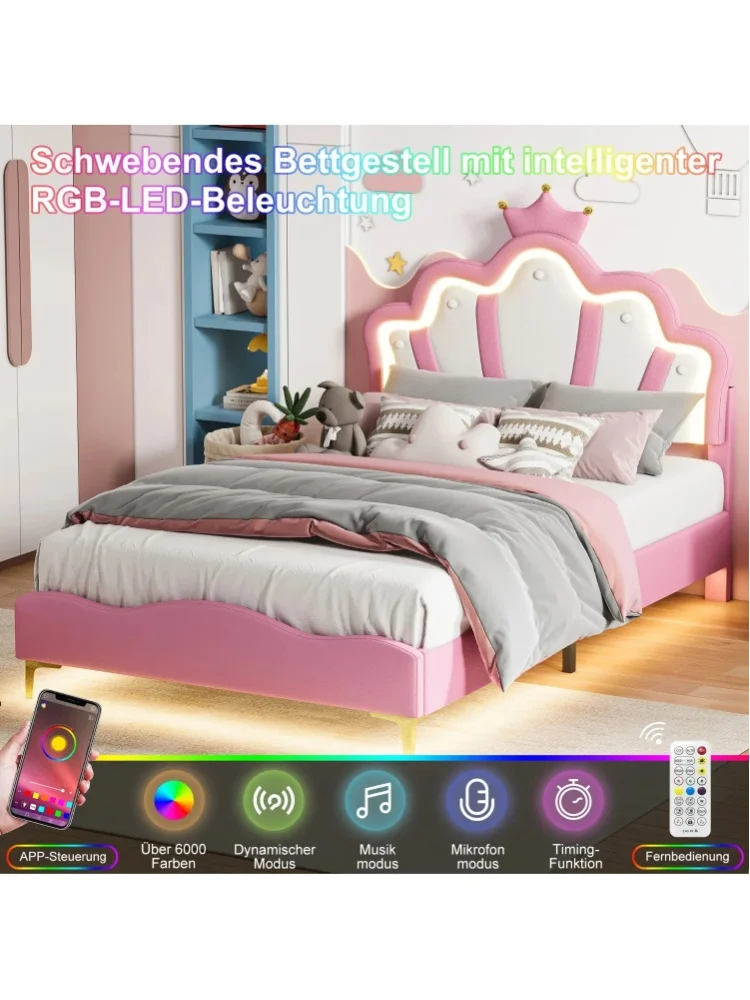 Rosahqnda Kinderbett 140x200cm Doppelbett mit kronenförmigem Kopfteil, gepolstertes Bett mit Lattenrost, PU-Leder, Rosa