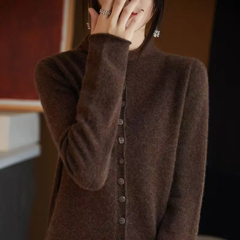 Fashionable 100% Merino Wool Cardigan Korean Casual Women's AutumnWinter Long Sleeved Solid Color Knitted Jacket Sweater Top