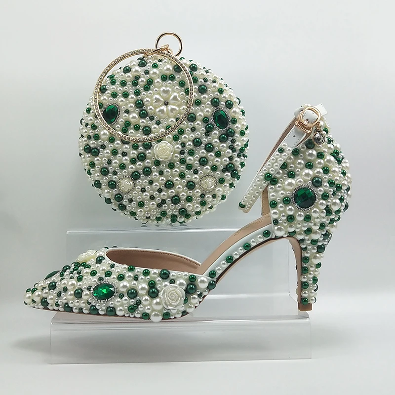 2024 New Arrival Green pearl sandal Female Party shoe and Purse wedding shoes woman Fashion Thin Heel Shallow High Pumps