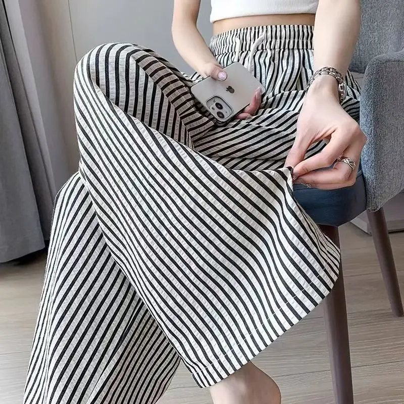 

Striped Wide Leg Women's Summer Thin Waist High Hanging Casual Pants Loose Straight Trousers Floor Length Pants