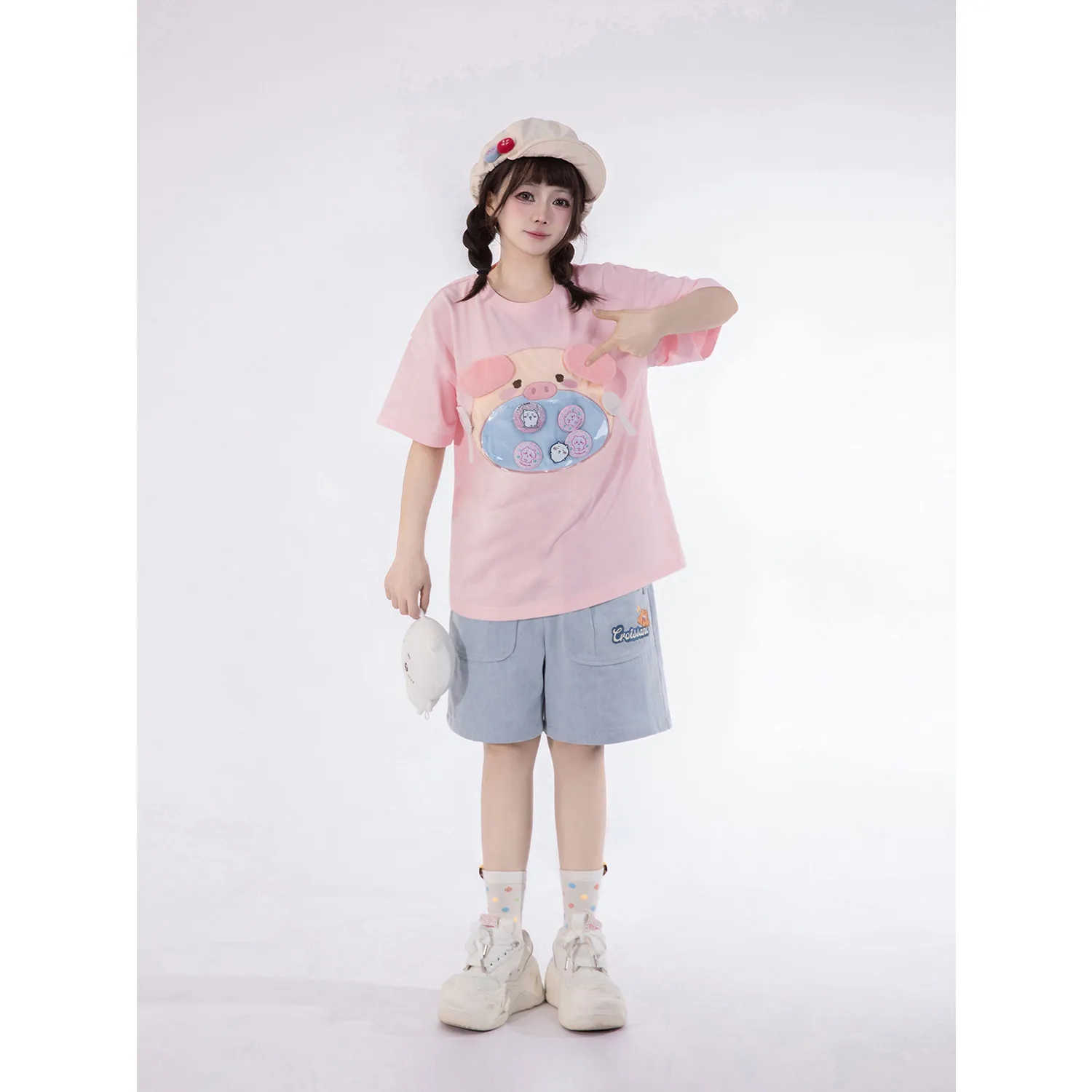 Little Animal Pain T Anime Otaku T 3D Patch Embroidery Pure Cotton Simple Cute Loose Short Sleeve T-Shirt Women Clothes