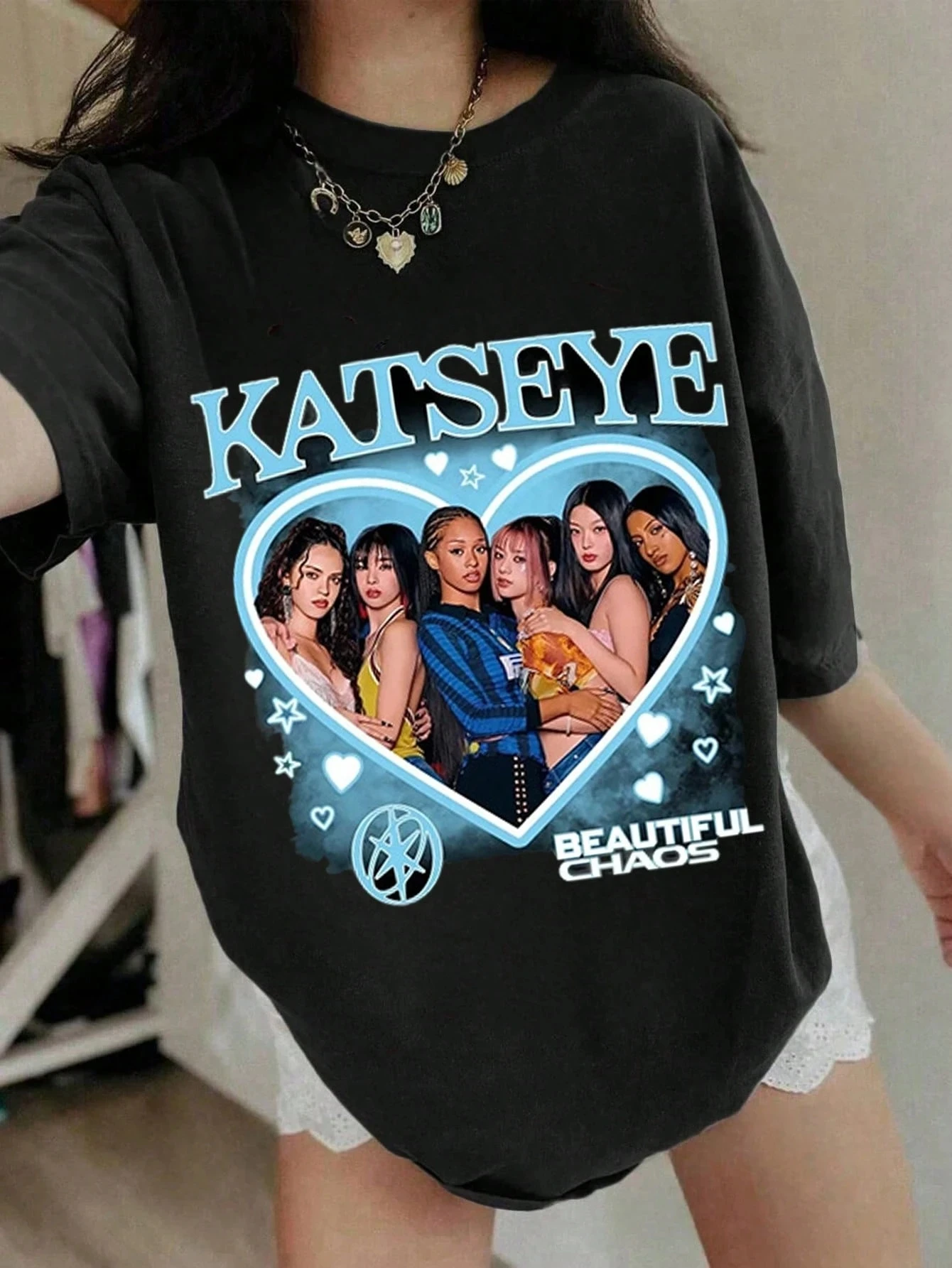 1pc Katseye Group Portrait Beautiful Chaos Cotton T shirt Unisex Men Women Kids Streetwear Casual Vacation Short Sleeve Tops