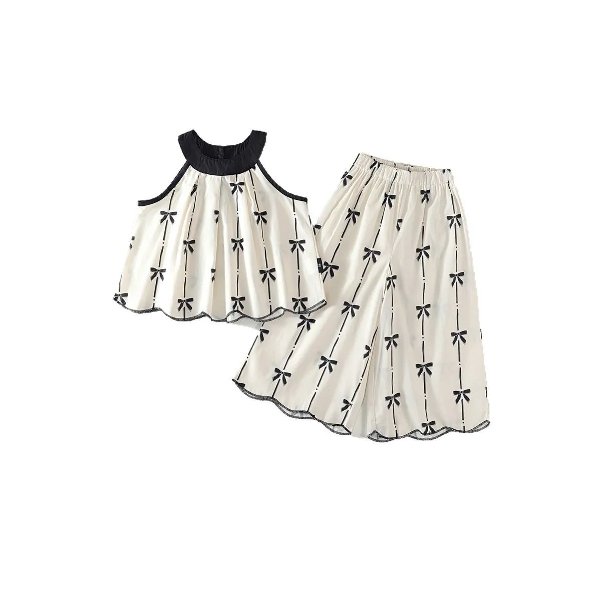 Girl's Design Sense Pure Cotton Printed Set 2025 Summer New Style Children's Hanging Neck Top Wide Leg Pants Two Piece Set