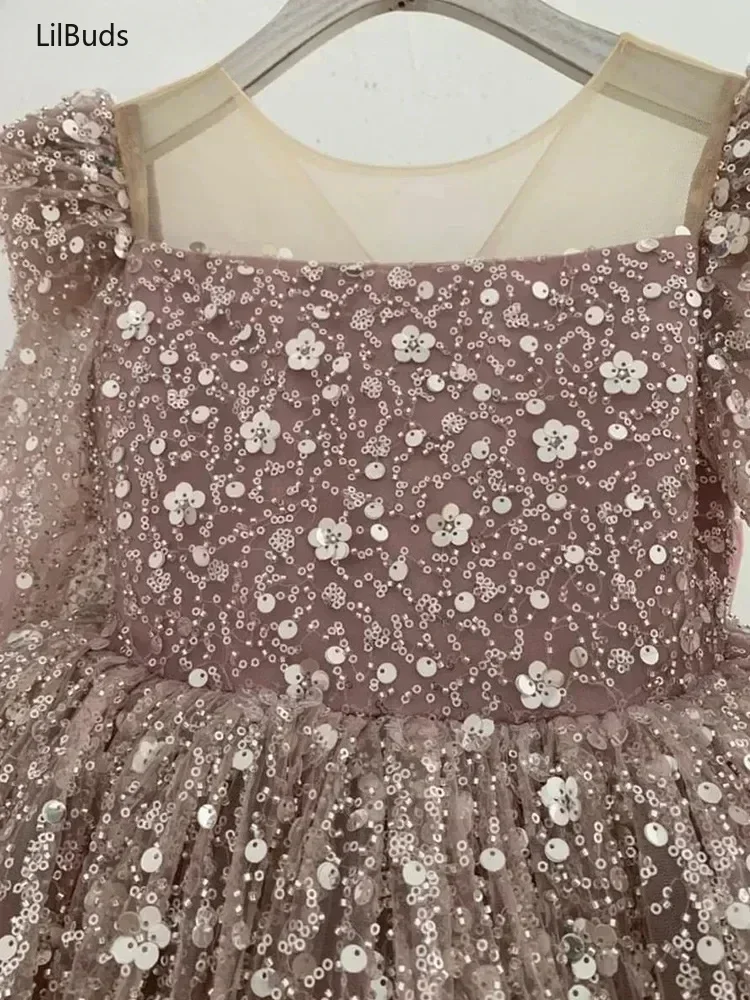 Party Dresses for Girls Children Birthday Evening Party Matching Princess Ball Gown Long Sleeve Formal Dresses Kid Shinny Sequin