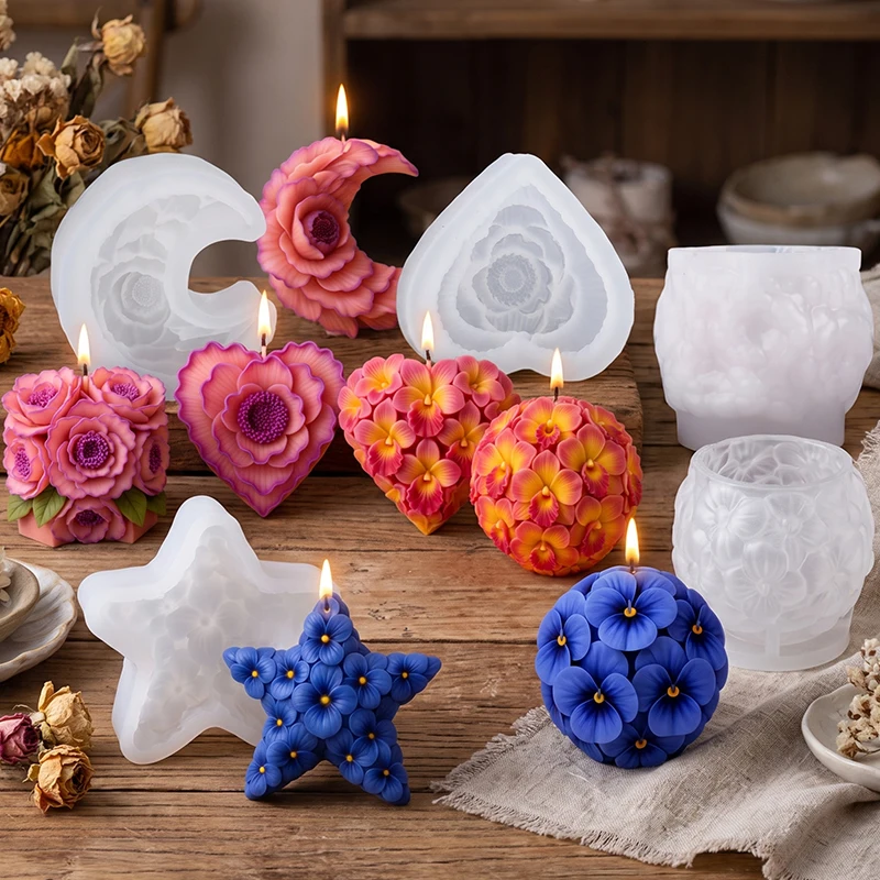 Moule en silicone Cœur Lune Sphérique Fleur 3D pour bougies, savons aromatiques, gypse, plâtre, artisanat, ornement, décoration intérieure