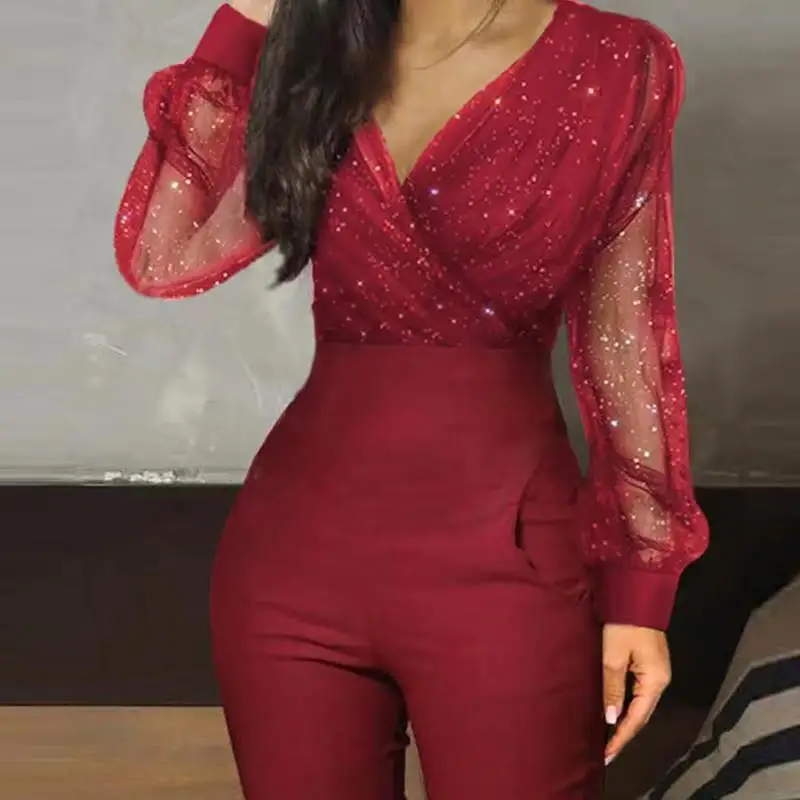 2024 Spring Summer New Women\'s Clothing Solid Color V-neck Mesh Slim Fit Long Sleeve One-Piece Playsuit Jumpsuit