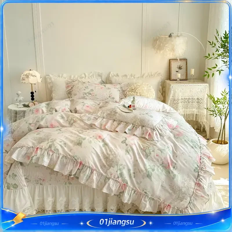 4 6Pcs Pure Cotton French Floral Print Ruffle Princess Bedding Set Duvet Cover Lace Quilted Bedspread Bed Skirt Pillowcases