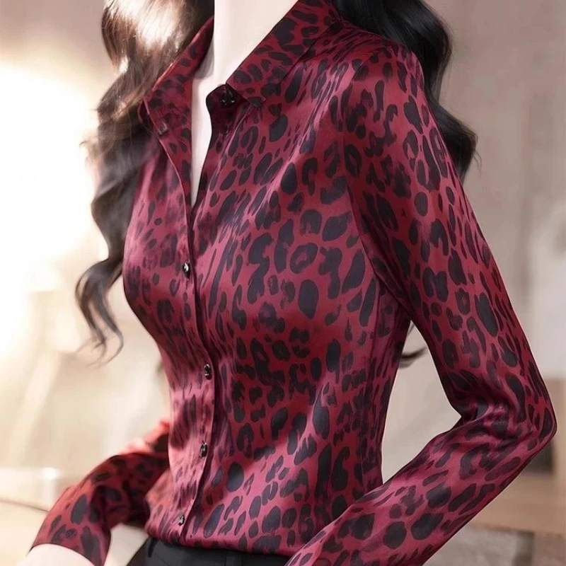 

Элегантная женская рубашка с леопардовым принтом и застежкой на пуговицы, облегающая офисная одежда, весенне-осенний стиль
