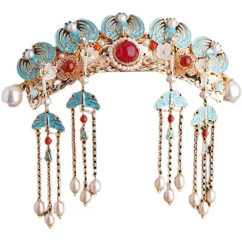 Women's Blue Flowers With Imitation Gem Tassel Hair Crown Hairpin Headdress