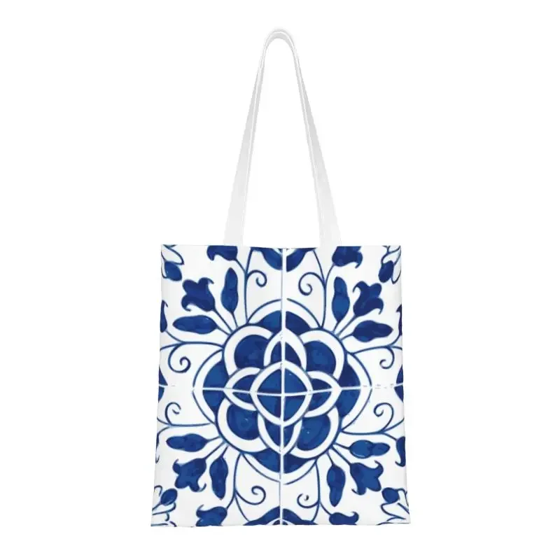 Bolso de compras reutilizable de porcelana azul portuguesa, bolsa de mano de hombro de lona, patrón de flores portátil, bolsas de compras de comestibles