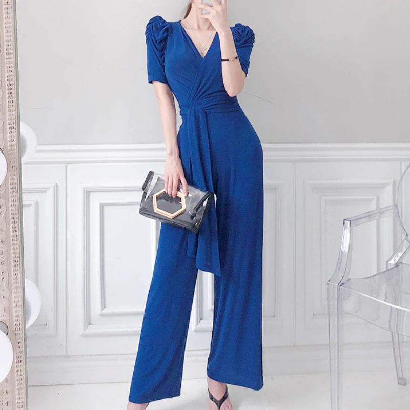 

Summer 2025 High Waist Blue Pants Faionable Slimming Powerful Presence Luxury Sensation Age-Defng Wide Leg Trou...