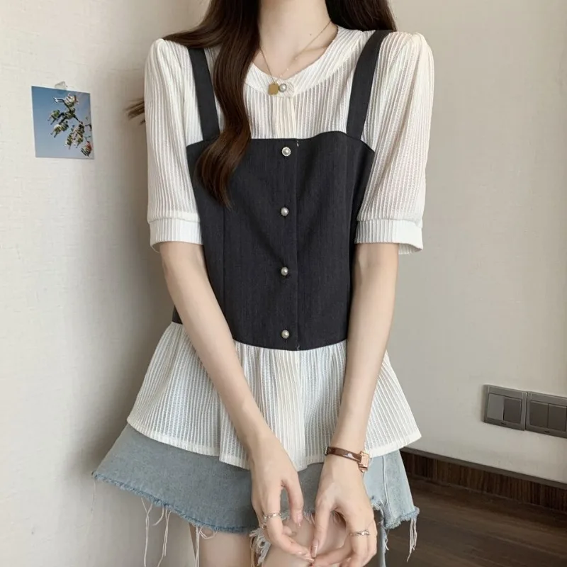 2024 Summer New Blouses Women\'s Patchwork Contrast Color Button Cardigan Simplicity Commute Loose Round Neck Short Sleeve Shirts