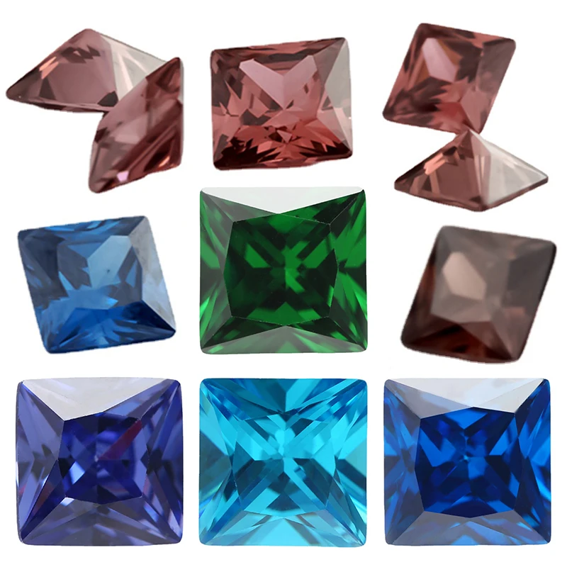Kwadratowe księżniczka wycięta luźna cyrkonia 5A CZ kamienie zielone morze niebieska kawa tanzanitu kolor rozmiar 3x3 ~ 10x10mm