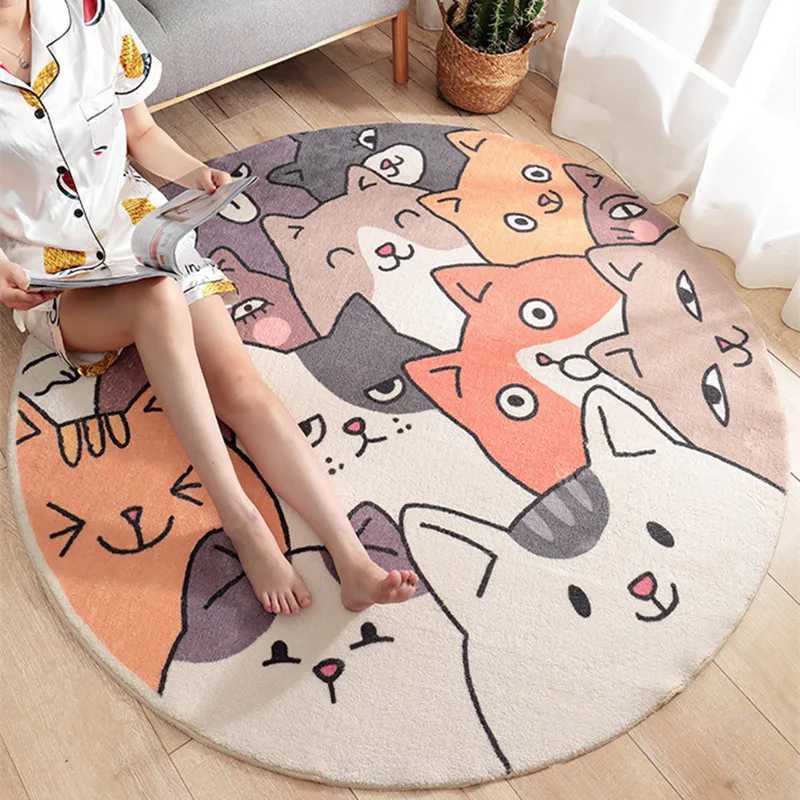 Cartoon Round Carpet Bedside Sofa Play Area Rugs for Living Room Kids Bedroom Decoration Home Cute Animal Cat Non-slip Floor Mat