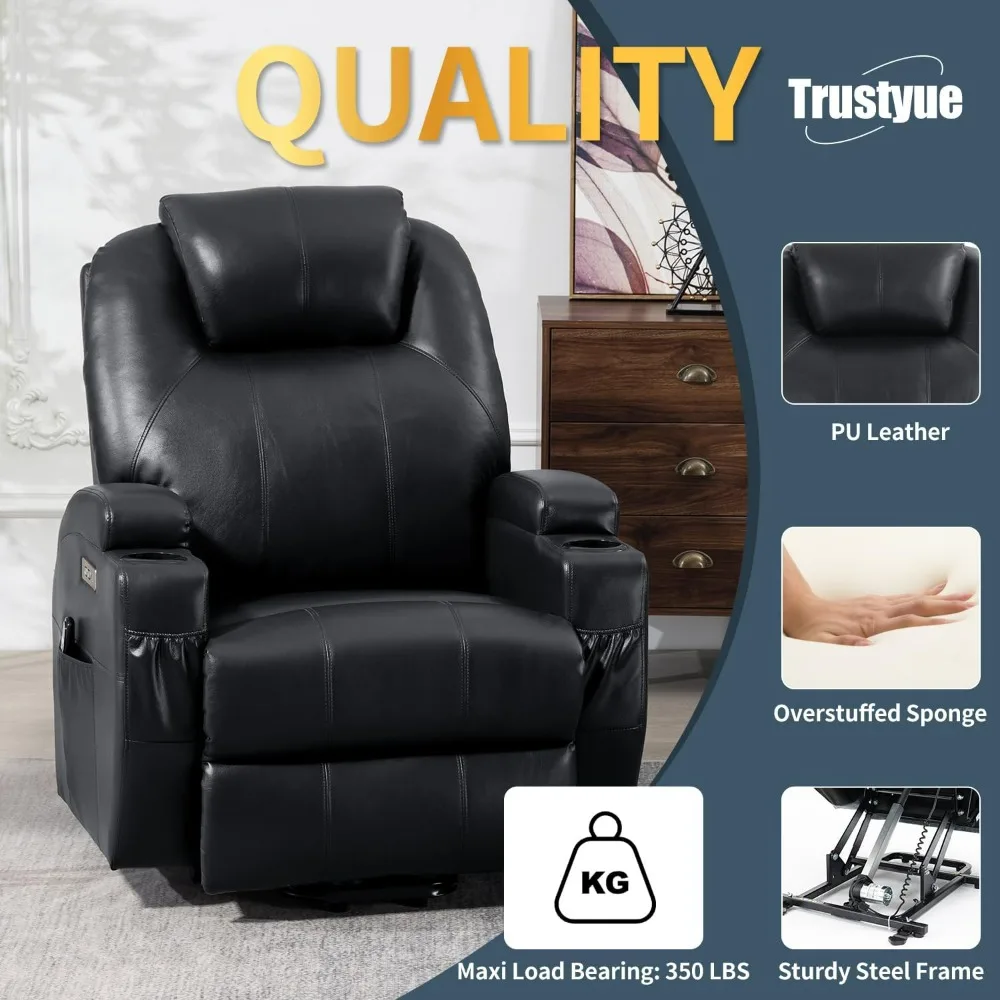 Recliner Chair with Massage & Heat, Powerful Motor, Max 155° Reclining, Standing Assistance for Elderly, USB & Type-C Ports