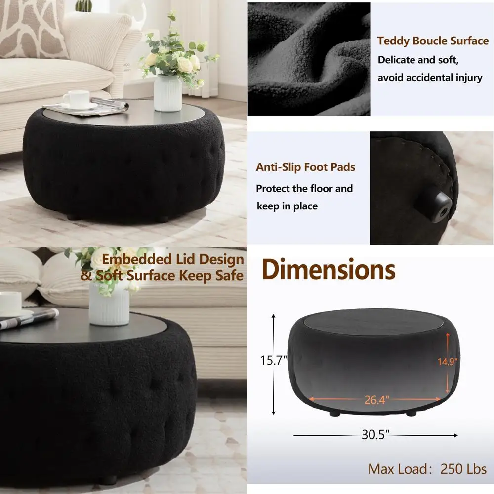 

Круглый журнальный столик для хранения вещей с деревянной столешницей, флисовый пуфик 30,5 с тафтингом для гостиной и спальни