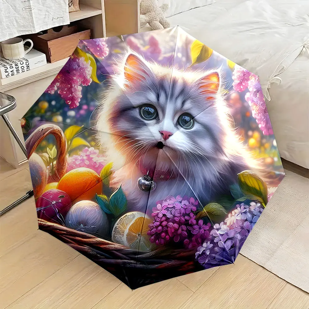 1PC Whimsical Cat Design Brings Life to Everyday Umbrella Print 8 Iron Ribs Folding Umbrella Auto-Open Fashion Sunshade