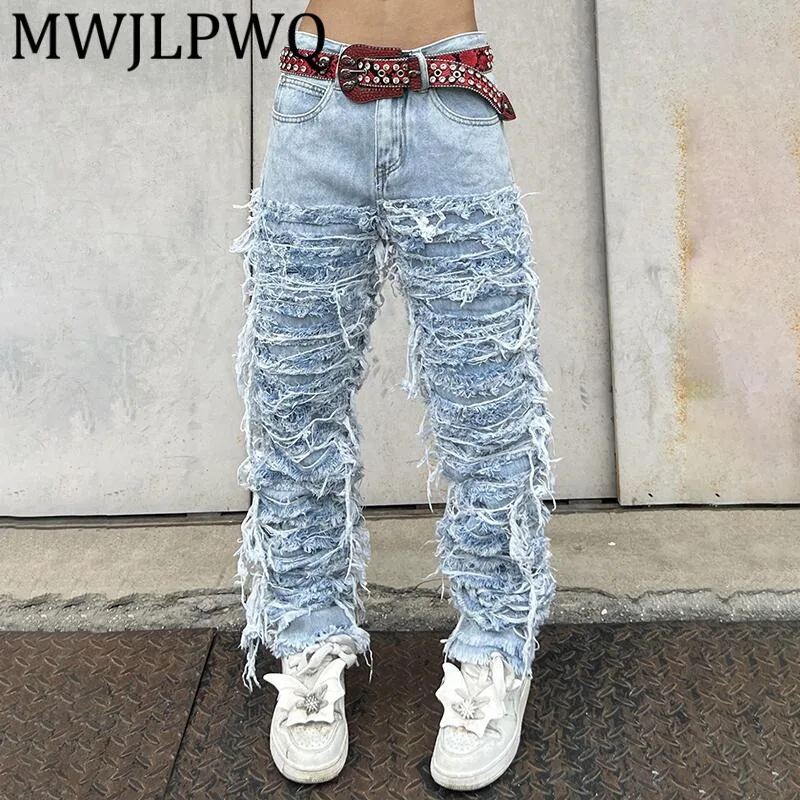 

MWJLPWQ Прочные сверхмощные свободные прямые джинсы, модные уличные мужские брюки с грубым краем, осенние повседневные брюки 12501