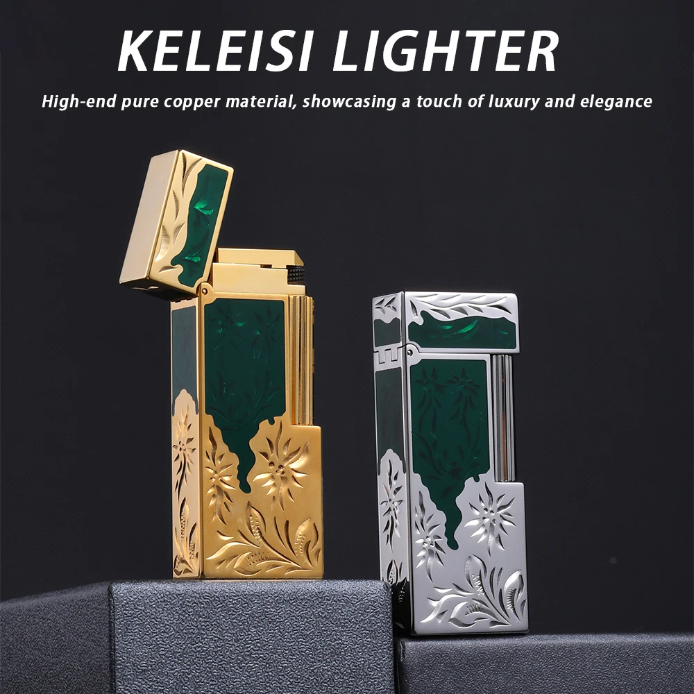 1 pc KELEISI pure metal high-end lighter, hand-carved with oriental tea charm and lucky grass pattern, a creative gift