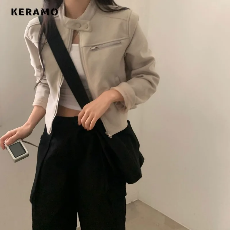 High Street Style Zipper Short Outerwear 2025 Autumn Winter Women's Casual Fashion Solid Color Coat Moto Biker Cool Jacket