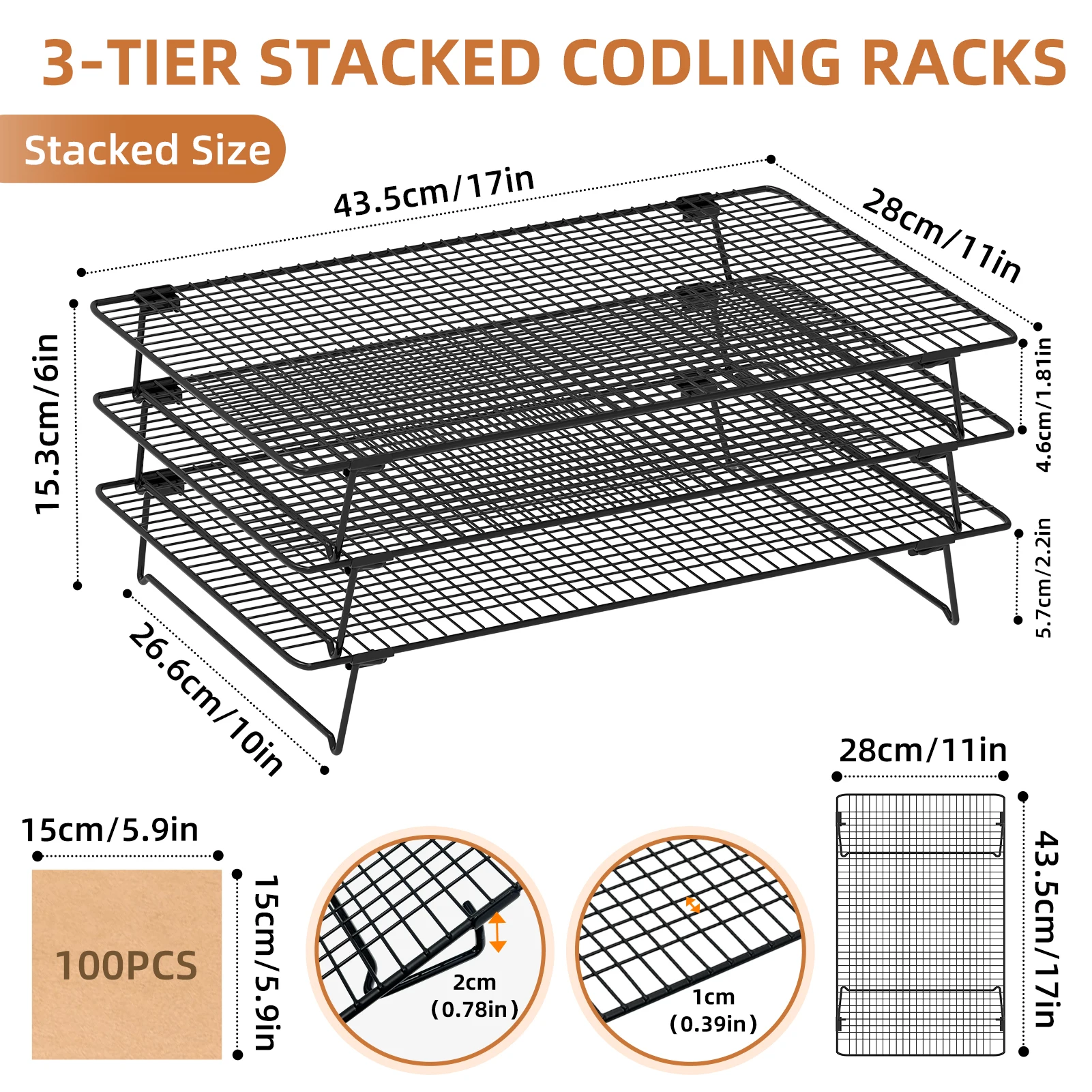 3 Tier Stackable Cooling Racks for Cooking Baking Roasting, Multi-Level Collapsible Cookie Rack with legs for Cooling Cake Pizza