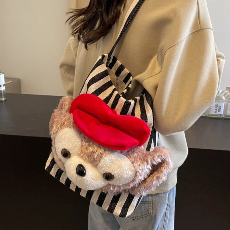 Disney autumn Duffy bear cute casual handbag cartoon doll striped canvas fashion versatile shoulder bag