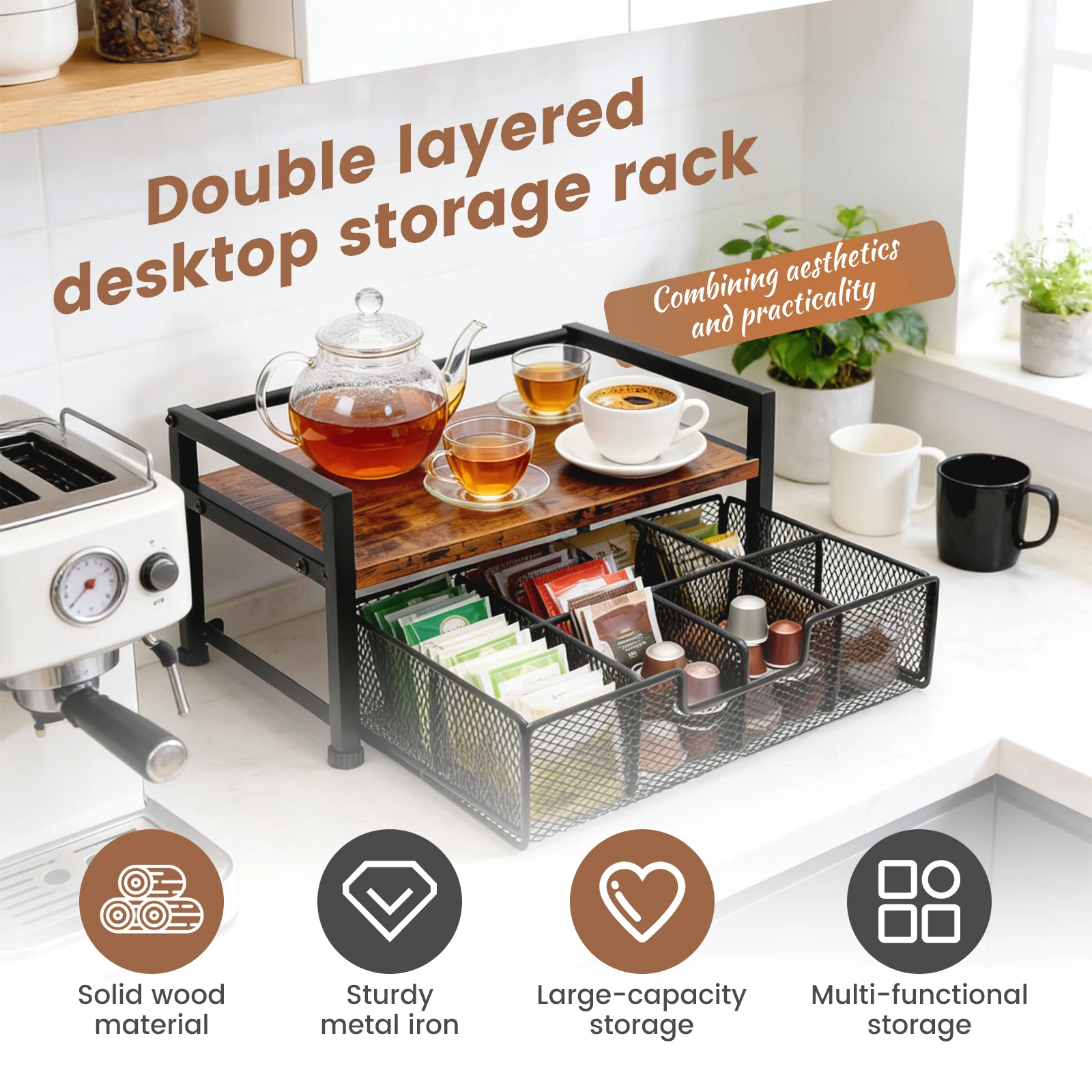 Wood Tea Bag Organizer Drawer Large Capacity Countertop Teabag Holder Multiple Compartments Home Office Snack Storage Racks