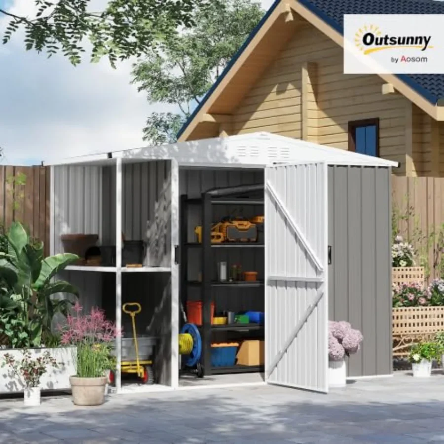 8 x 4ft Outdoor Storage Shed with Lock for Backyard: Warm Gray Galvanized Steel, Weatherproof Secure