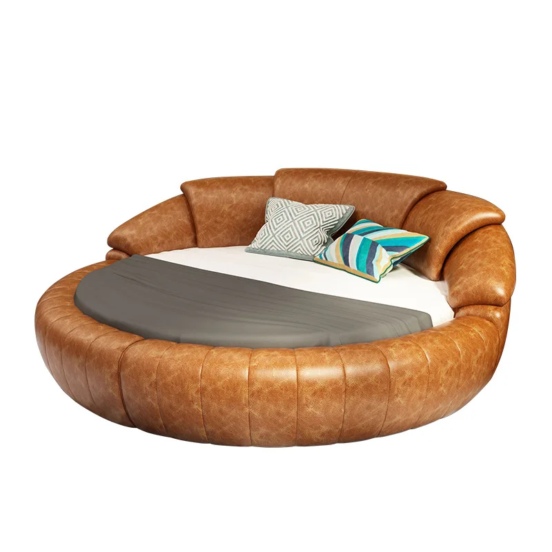 Leather round bed double bed, cowhide soft bed modern fashion princess bed wedding bed European round bed