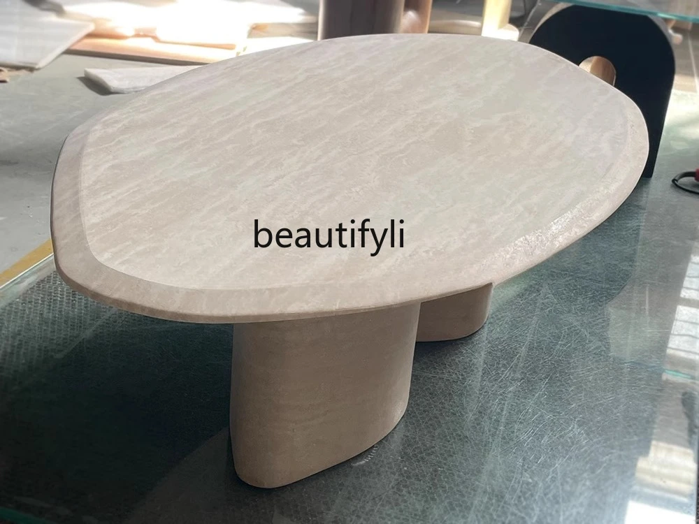 

Wabi Sabi Coffee Shop Coffee Table Villa Mansion Nordic Cream Style Natural Travertine Oval Coffee Table