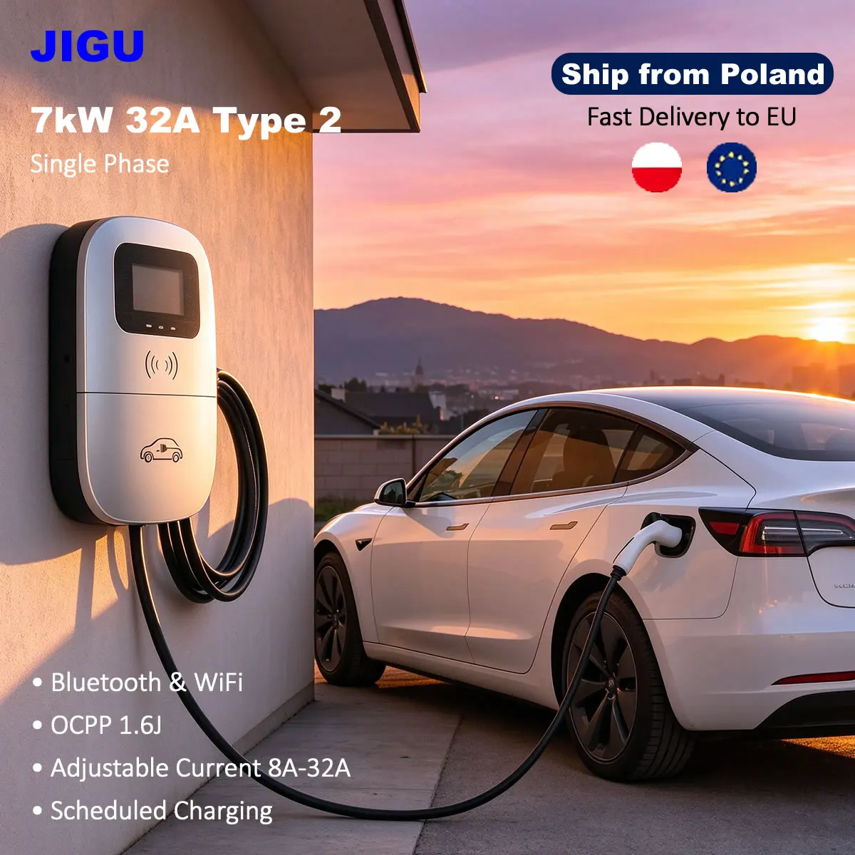 JIGU Typ 2 EV-Ladegerät 32A 7,6kW EVSE Wallbox APP-Steuerung Bluetooth WiFi Elektrofahrzeug-Ladestation Autoladegerät mit OCPP 1.6J für Home Assistant 4,3-Zoll-Bildschirm