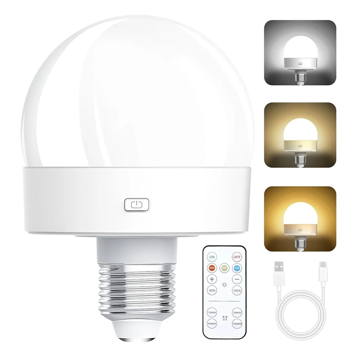 Rechargeable Battery Operated Light Bulbs, 300LM E26 Screw in Light Bulb for Lamps with Remote Control Dimmable&Timer