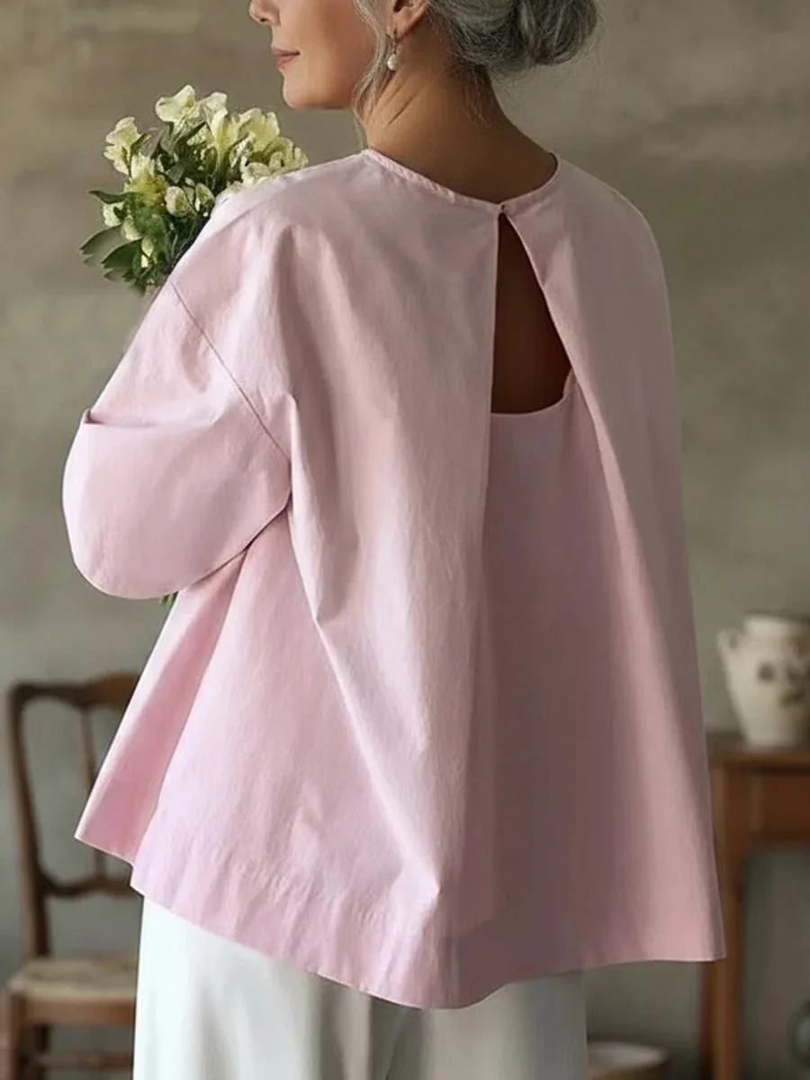 

Весна 2026: Элегантная женская блузка с коротким рукавом и открытой спиной, свободный крой, корейский шик, круглый вырез, пуловер в стиле Lazy Style, футболка