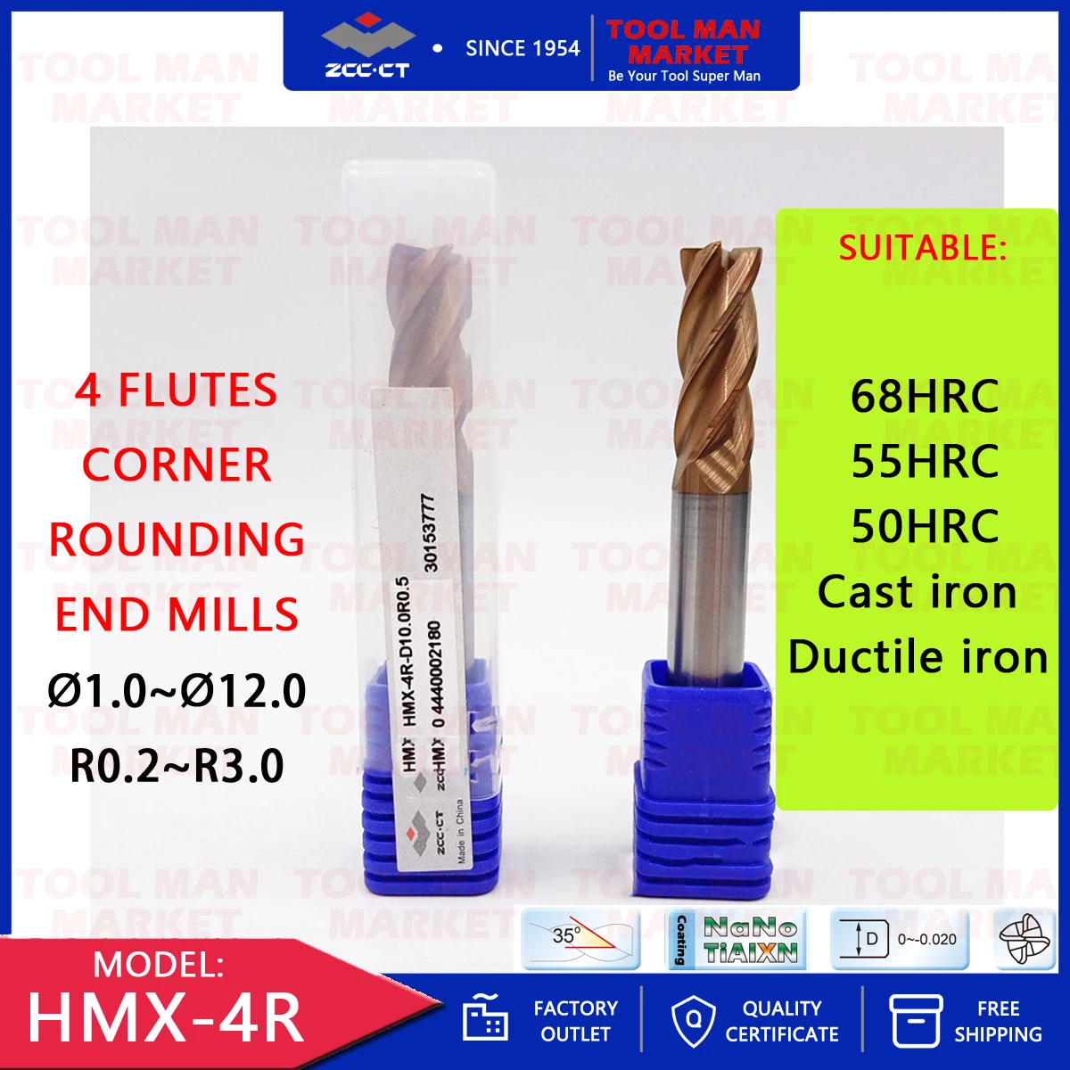 HMX-4R ZCC.CT 4 FLUTES STRAIGHT SHANK CORNER ROUNDING HIGH HARDNESS END MILLS 68 55 HRC CARBIDE MECHANICAL BLADE MILLING CUTTER