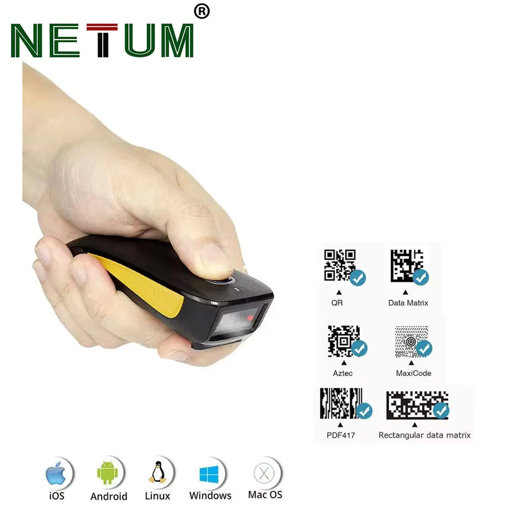 NETUM 블루투스 2D 바코드 스캐너, 소형 휴대용 QR 바코드 리더, 창고 스캐너용 스캔 백 클립, 3 in 1, C750 