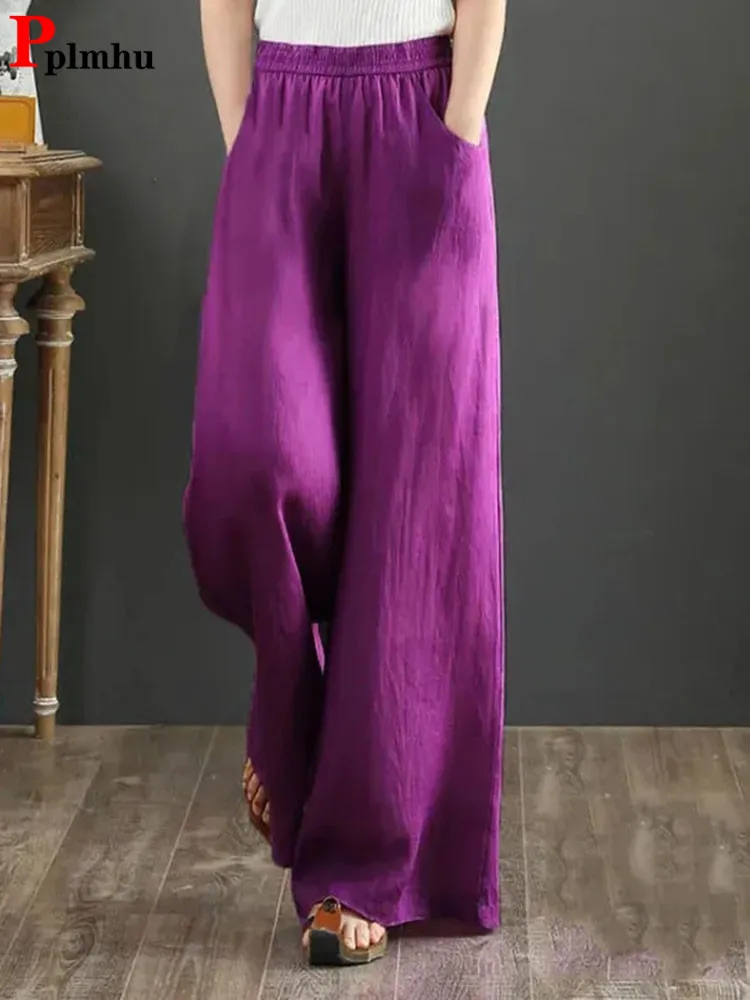 Women Vintage Wide Leg Pants Cotton Linen High Waist Baggy Trousers Mom\'s Ankle-length Oversized Pantalones New Elegant Spodnie