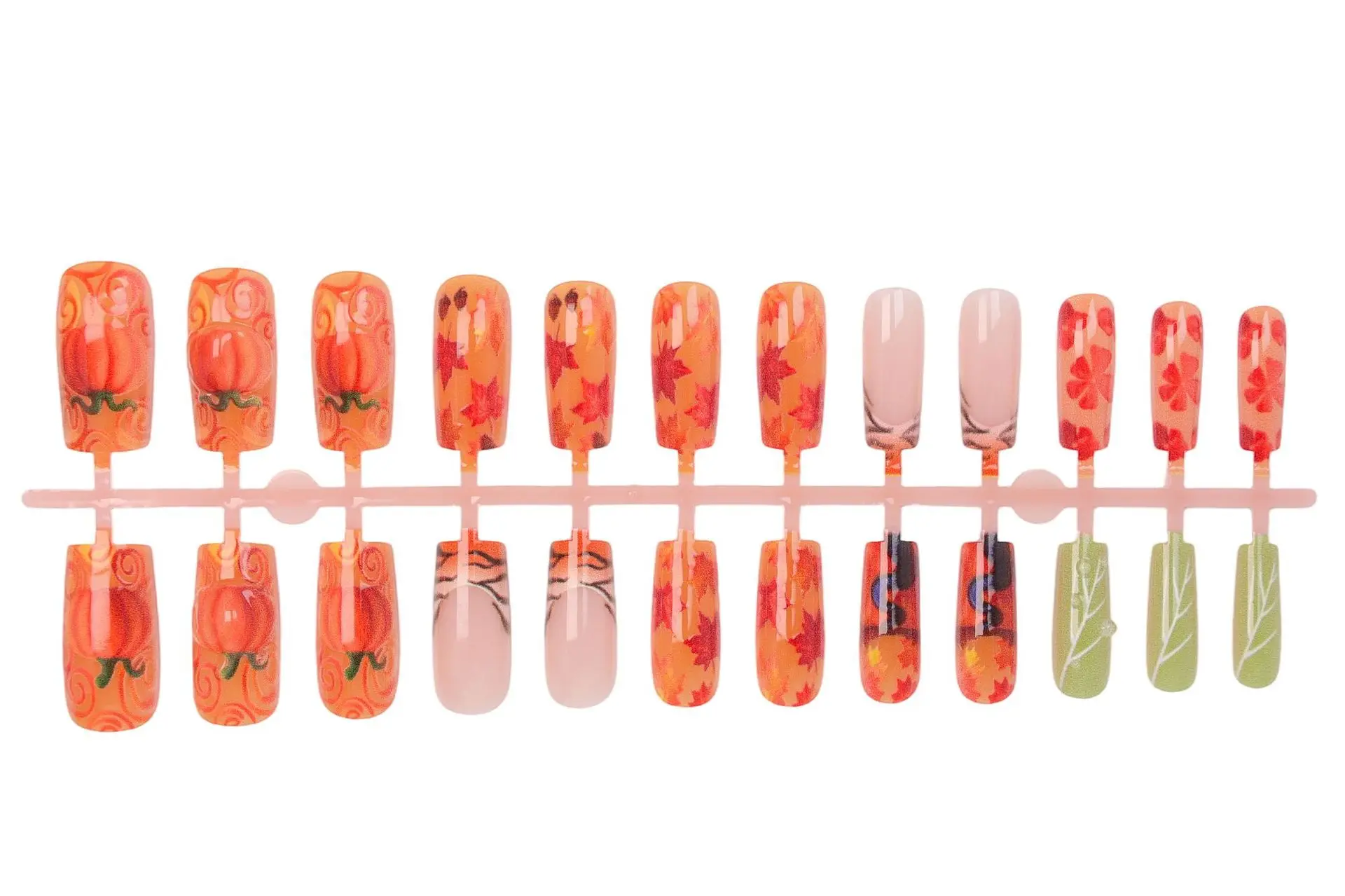 24 Stück Damen- und Mädchen-Maniküre für Halloween, Französischer Stil, Quadratische Künstliche Nägel mit 3D-Kürbis- und Ahornblättermuster, Aufklebenägel – Detail 6
