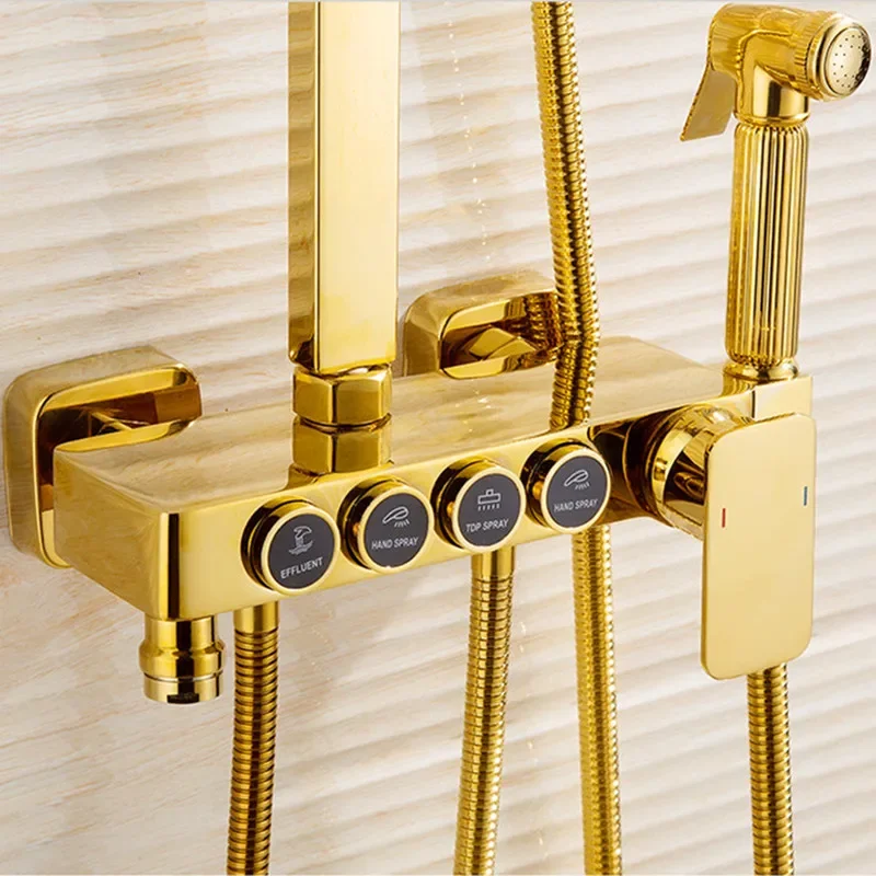 Thermostatic Shower System Quality Brass Hot Cold Bathroom Shower Faucets Head Hot Cold Golden Bathroom Shower Set System