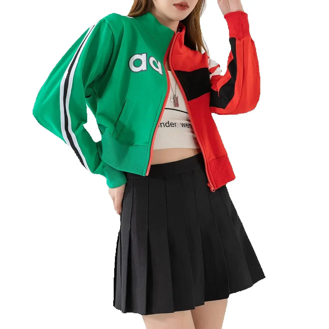 

Women'S Cropped Y2K Jacket Color Block Bomber, Stand Collar, Casual Sporty Fall Winter Coats
