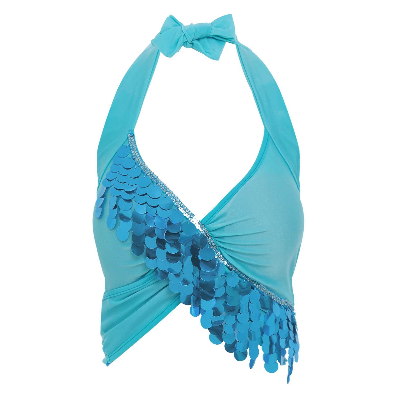 Womens Belly Dance Tops Hollow Out Bra Halter V Neck Sequin Tassel Padded Bra Dance Crop Top Performance Club Bellywood Costume