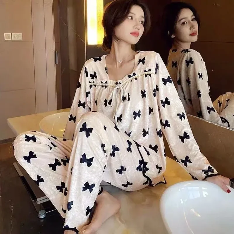 Gold Diamond Velvet Black Heart Set Pajamas Female Network Red Version of Spring and Autumn Winter Can Wear Home Clothes Loose