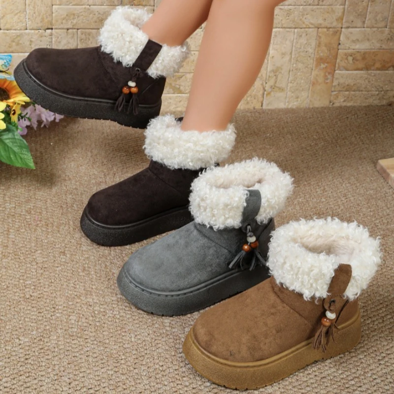 2026 New Winter Women's Solid Color Vintage Comfortable Wedge Mid Heel Snow Boots Women Keep Warm Tassel Embellishment Snow Boot