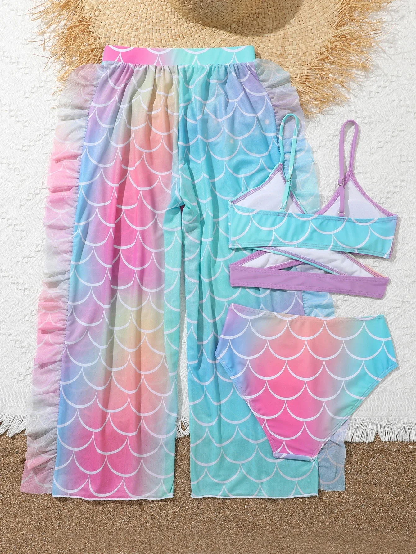 

Mermaid Scale Print Bikini Set With Ruffle Trim Beach Pants