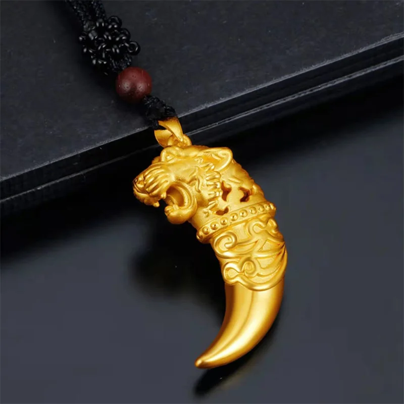 

24K Gold AU999 Tiger Teeth Pendant Necklace, Masculine Fashion Rope Chain, Luxury Jewelry Gift for Men