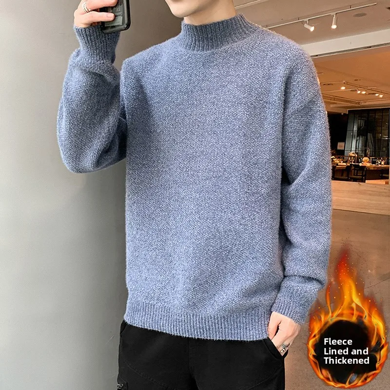 

Мужской утепленный свитер с высоким воротником на флисовой подкладке, свободный крой, теплый базовый слой для зимы, пушистый трикотаж, повседневный топ